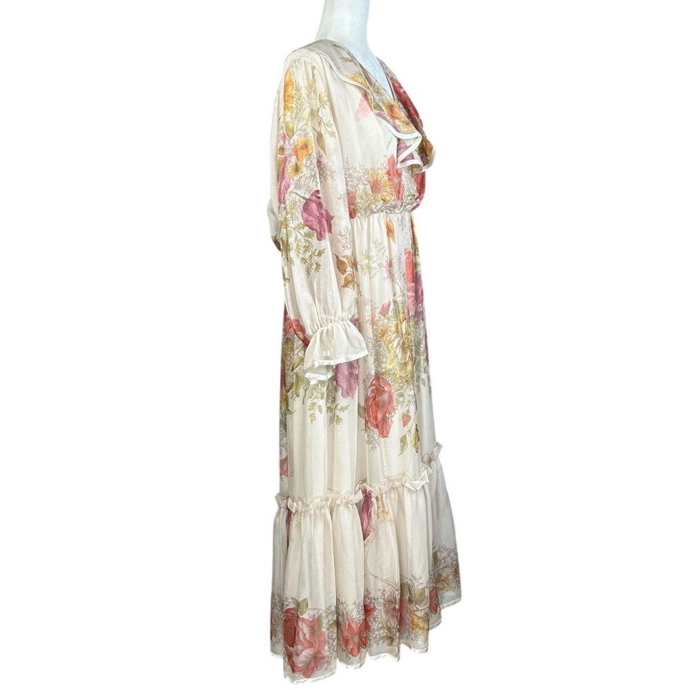 J Peterman Chiffon Ruffle Dress 12 Floral Feminine Tiered Empire Waist Romantic - Picture 2 of 15